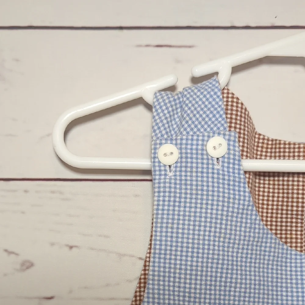 Vintage Baby Boy Infant Blue Gingham‎ Baby Romper Shortall Bunny Turtle 6-12 MO.